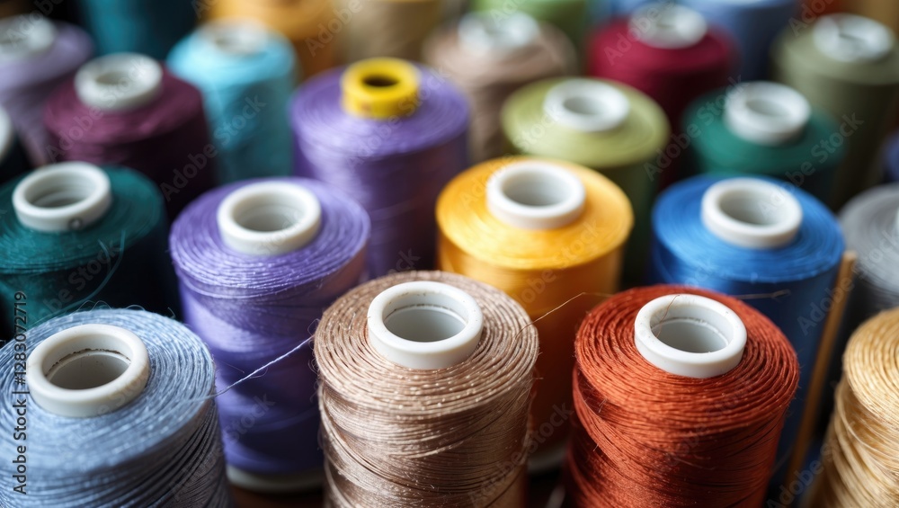 Poster Colorful collection of thread spools displayed in close up showcasing various hues and textures for sewing and crafting projects.