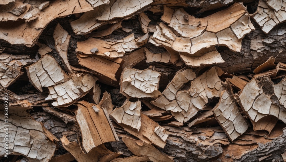 Poster textured close-up of crushed and shredded wood bark fragments showcasing natural variations and eart