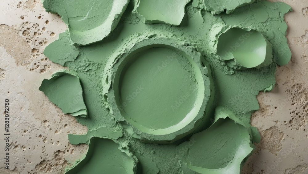 Aufkleber Green textured plaster with circular and irregular patterns on a porous background showcasing artistic surface design.