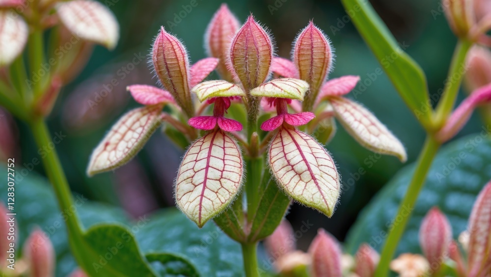Poster close-up view of vibrant tradescantia zebrina plant showcasing unique leaf patterns and colors in na