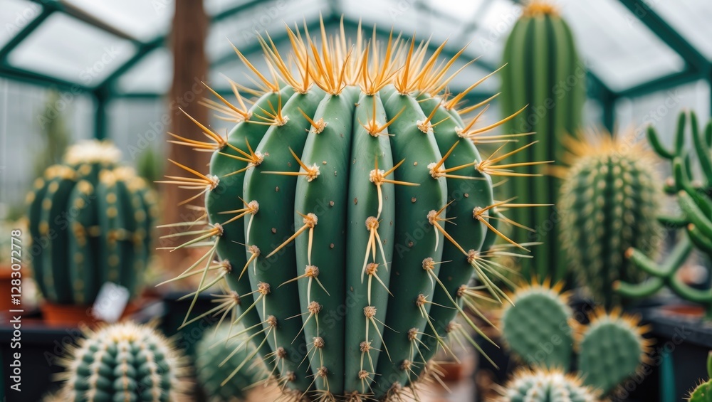 Poster Closeup View of Large Green Cactus with Long Spines in Greenhouse Setting Showcasing Selective Focus on Unique Texture and Detail