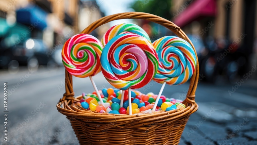 Aufkleber vibrant colorful lollipops in a decorative basket with candy on a bustling street setting creating a