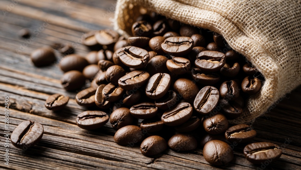 Poster Coffee beans spilling from a burlap sack on rustic wooden surface creating a warm and inviting coffee shop ambiance