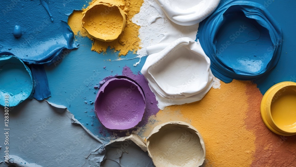 Poster colorful painted surfaces with texture in various paint tubs and spills on a background for creative