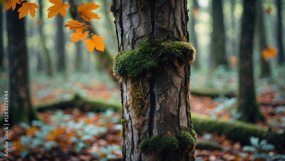 Poster Close-up of a moss-covered tree trunk with blurred forest and vibrant autumn leaves creating a serene natural backdrop.
