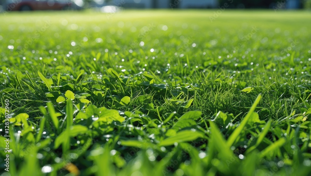 Poster close up view of vibrant green lawn with morning dew captured in sunlight creating a tranquil and fr