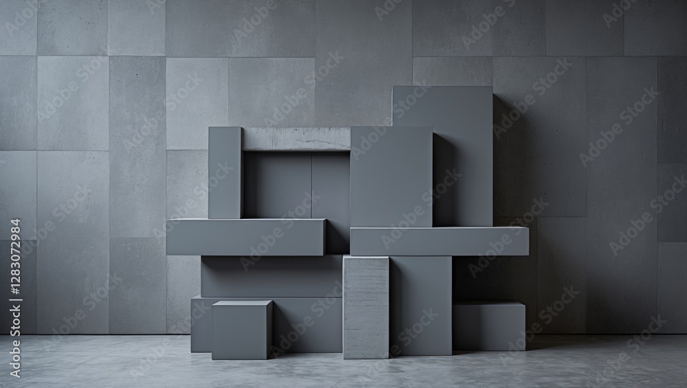 Poster modern minimalist design with geometric gray blocks on a textured background creating an abstract ar