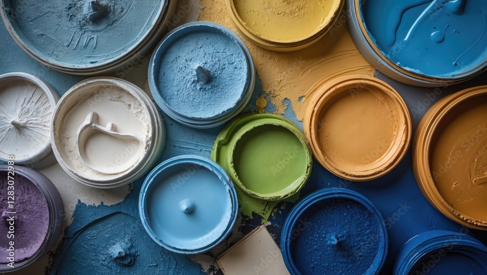 Poster vibrant close-up of open paint cans showcasing a spectrum of colors and textures on a wooden surface