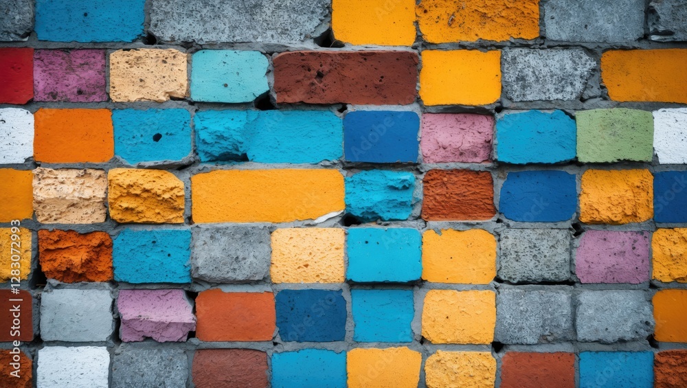 Poster colorful concrete wall texture with a vibrant pattern showcasing a mix of painted bricks in various 