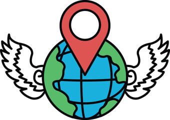 A cartoon drawing of a globe with a red pin on it
