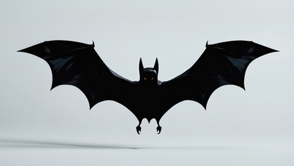Fototapeta premium Black bat silhouette flying with outstretched wings against a clean white background, symbolizing Halloween themes and spooky imagery.