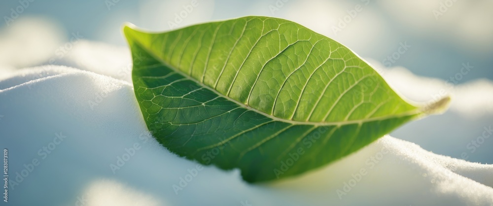 Poster close up of a vibrant green leaf resting on a soft white surface highlighting its intricate veins an