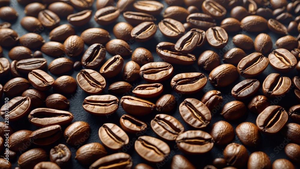 Poster close-up texture of roasted coffee beans arranged on a dark background showcasing the rich detail an