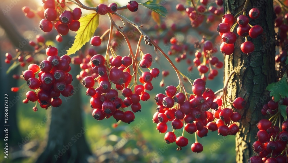 Poster close-up of vibrant elderberries on a tree branch illuminated by soft sunlight in a lush green envir