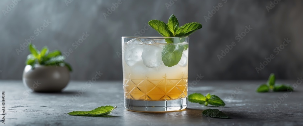 Poster refreshing cocktail with mint leaf in a crystal glass on a textured table with space for text. perfe