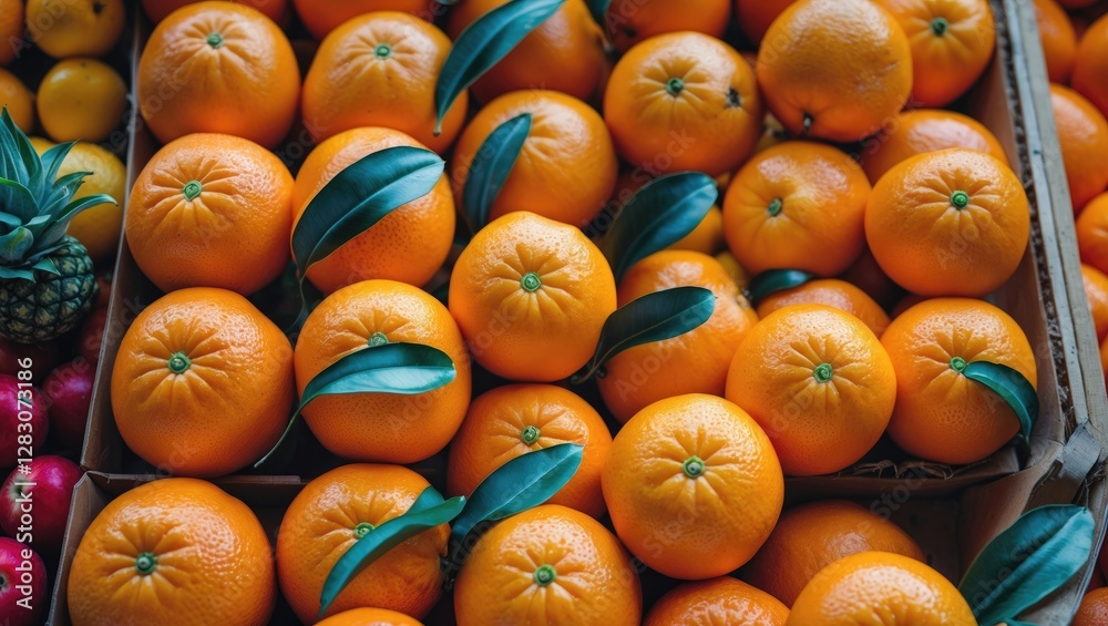 Poster fresh sunkist oranges displayed in a vibrant fruit market offering a colorful top view of natural pr
