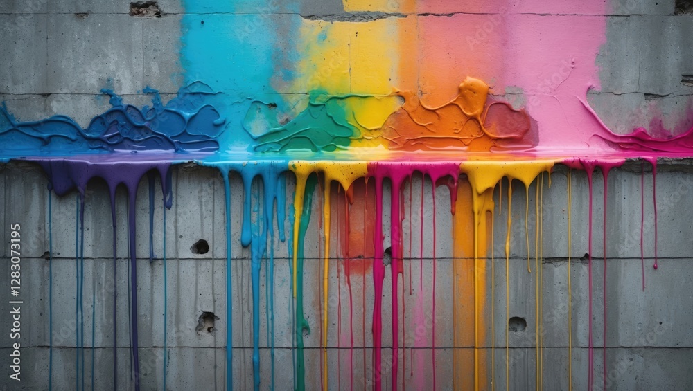 Aufkleber Vibrant multicolor paint drips on a concrete wall creating an artistic and textured abstract backdrop for design and creative projects.