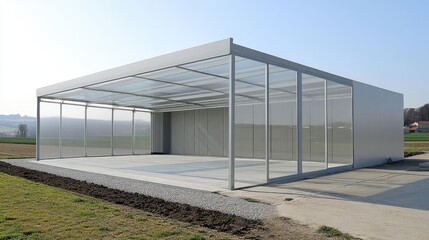 Obraz premium Aluminum-framed garage with a clear roof and reinforced structural base