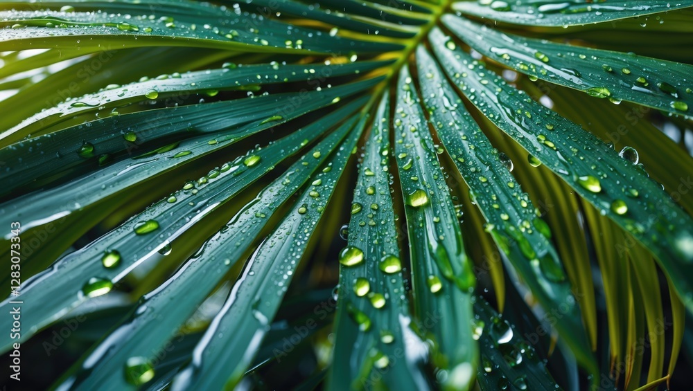 Poster closeup of a palm tree leaf covered in water droplets creating a fresh and vibrant natural backdrop 