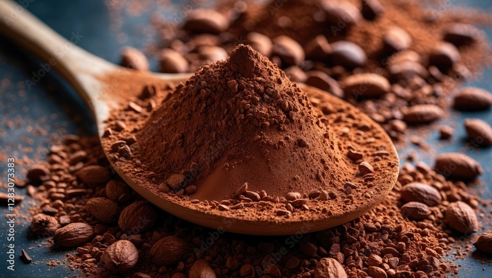 Poster closeup view of freshly ground cocoa powder and cocoa beans on a wooden spoon against a dark backgro