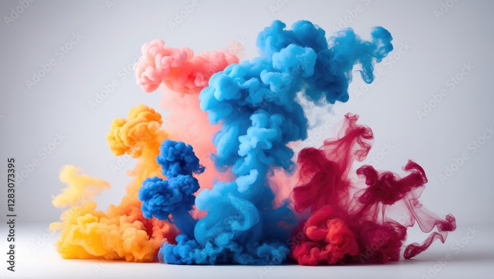 Poster Vibrant colored smoke clouds on white background creating an artistic and abstract visual effect in studio lighting conditions