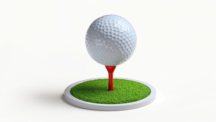 Golf ball on red tee sitting on turf mat isolated on white background perfect for sports or golf-related themes and marketing materials.