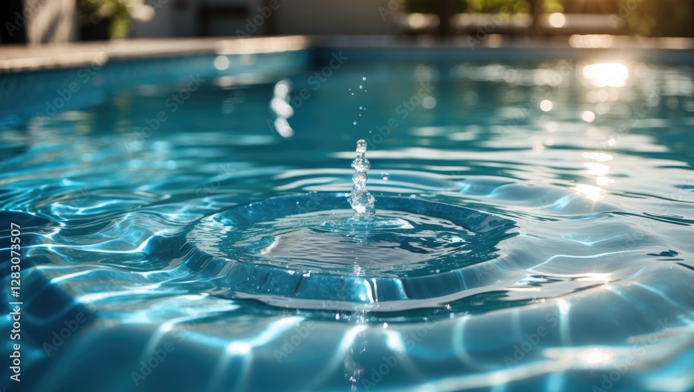 Aufkleber Rippling water surface with splash in a tranquil swimming pool reflecting sunlight and creating serene ambiance for relaxation and leisure.