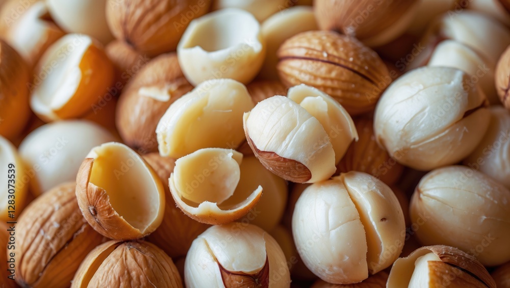 Poster peeled and unpeeled macadamia nuts in a close-up view showcasing their rich textures and natural col