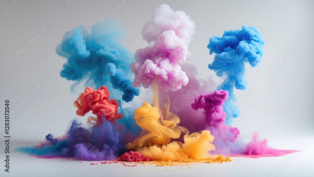 Poster Vibrant colored smoke clouds rising against a white background creating an artistic and dynamic visual effect in a studio setting