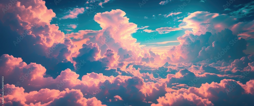 Poster Vibrant colorful clouds in a serene sky creating a dreamy atmosphere for relaxation and inspiration in nature-themed visuals.