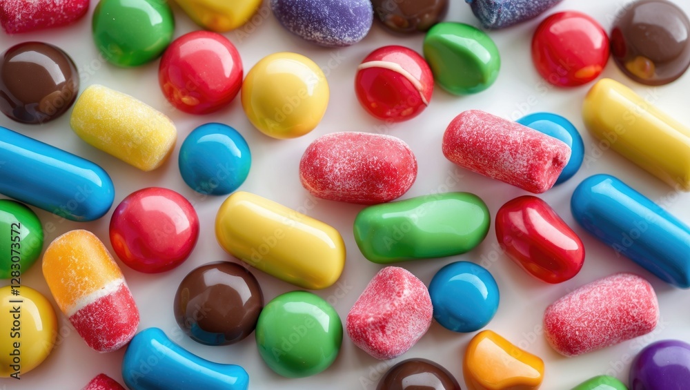 Poster Colorful assortment of candy pieces in various shapes and sizes on a white background creating a vibrant and festive composition.