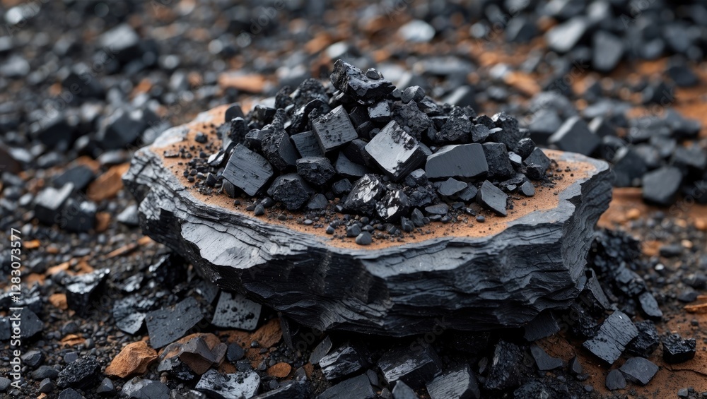 Poster natural coal formation showcasing rich black sedimentary rock with angular fragments, highlighting i