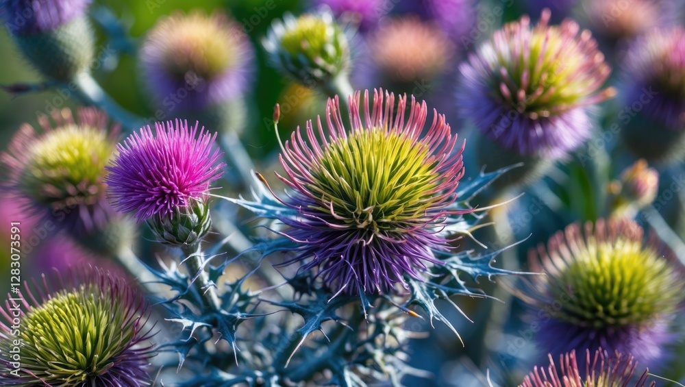 Poster Close-up of vibrant seeding flower heads of wild Creeping Thistle showcasing intricate details against a blurred natural background.