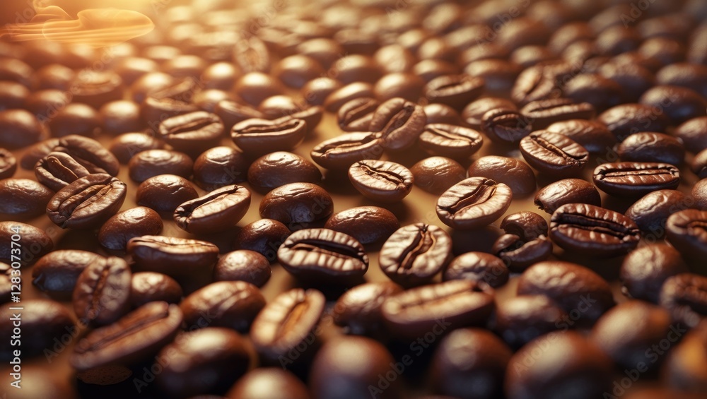 Aufkleber Coffee beans background with selective focus and shallow depth of field creating a warm and inviting atmosphere for coffee enthusiasts.