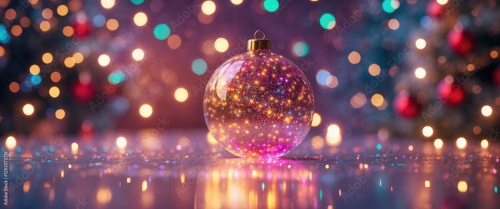 Poster colorful sparkling christmas ornament on a blurred background of festive lights creating a joyful ho
