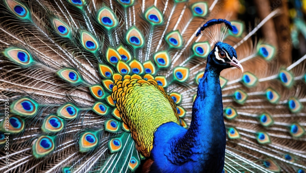 Aufkleber vibrant male peacock displaying its colorful plumage in a lush setting captured in tenerife nature s