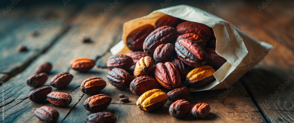 Aufkleber Cocoa beans spilling from a paper bag on a rustic wooden table creating a warm and inviting atmosphere for food photography.