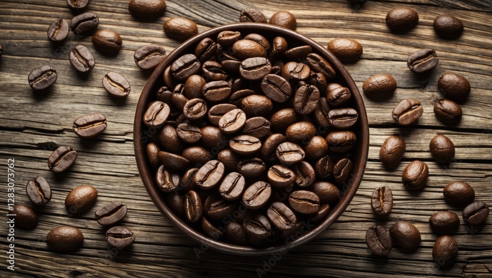 Poster coffee beans in a wooden bowl surrounded by scattered beans on a rustic wooden background creating a