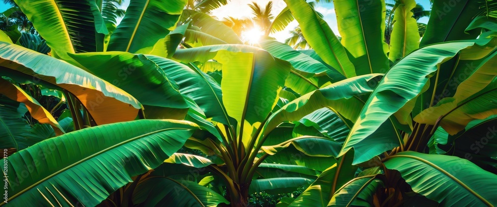 Poster Vibrant close-up of banana leaf texture with sunlight filtering through for botanical backgrounds and tropical themes.