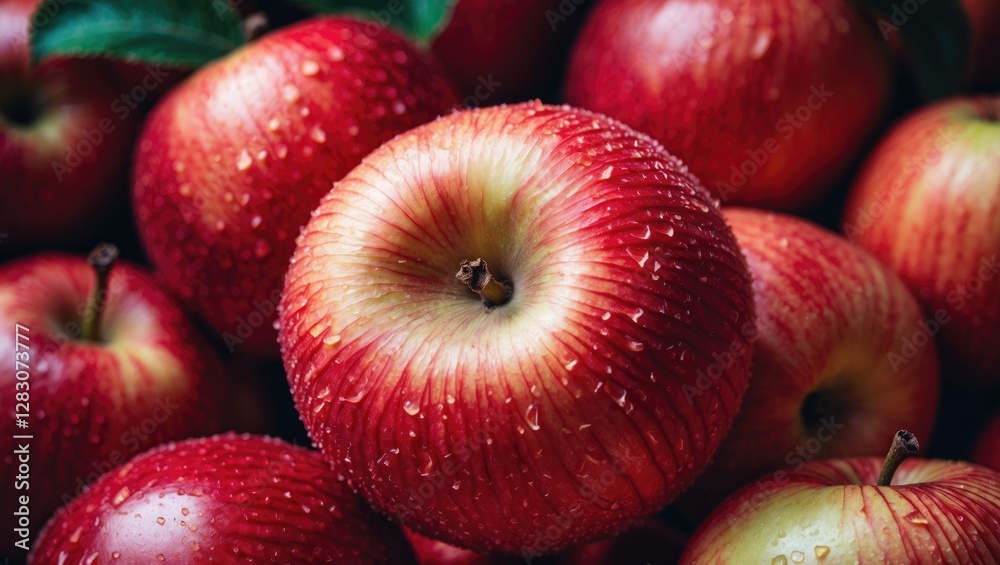 Poster close up of fresh red apples with droplets on skin showcasing texture and color for natural food bac