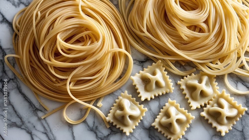 Aufkleber close up of various pasta types including spaghetti, fettuccine and ravioli arranged on a stylish ma
