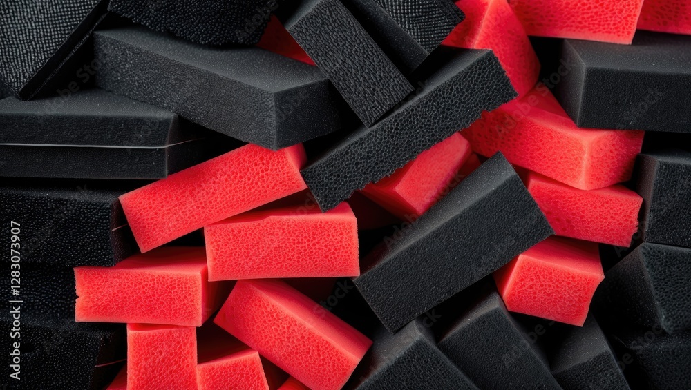Aufkleber Vibrant close-up of textured black and red foam blocks stacked together for creative design and material concepts