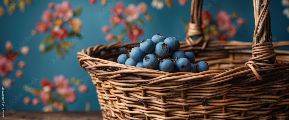 Poster wicker basket filled with blueberries against a floral patterned background for a rustic and vibrant