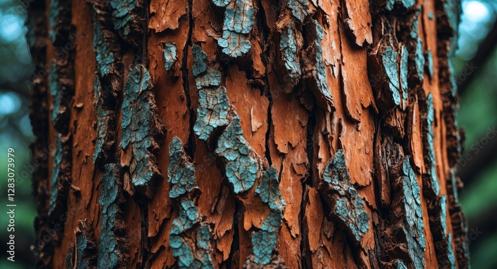 Poster Textured close-up of weathered tree bark featuring rich brown tones and intricate patterns of peeling layers in nature.