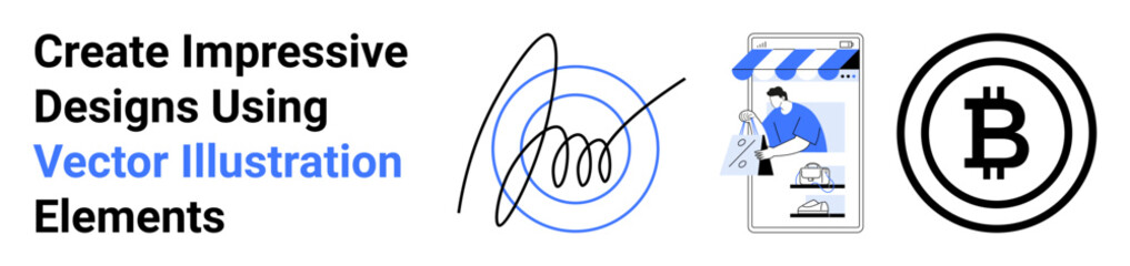 Hand-drawn signature, online store illustration with products and storefront, cryptocurrency token. Ideal for branding, digital commerce, technology, entrepreneurship, finance, innovation flat