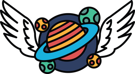 A colorful drawing of a planet with a blue and yellow circle in the middle