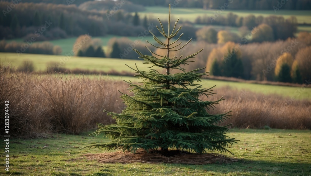 Poster lone christmas tree standing proudly in a serene meadow surrounded by lush greenery and distant hill