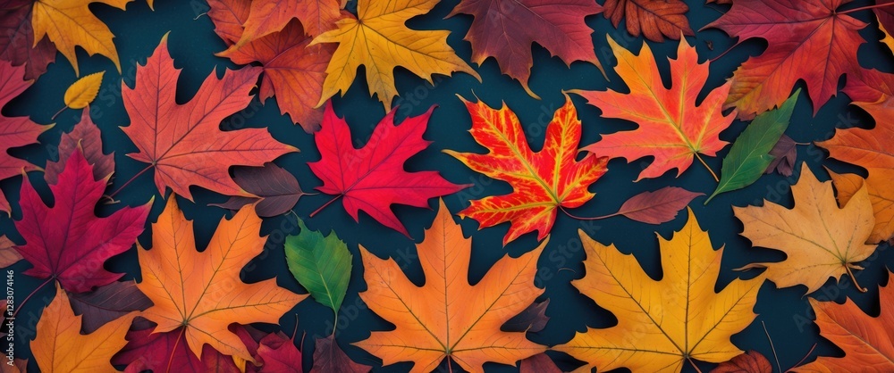 Aufkleber Vibrant autumn leaves in an array of colors creating a natural pattern ideal for seasonal themes and nature-focused designs.