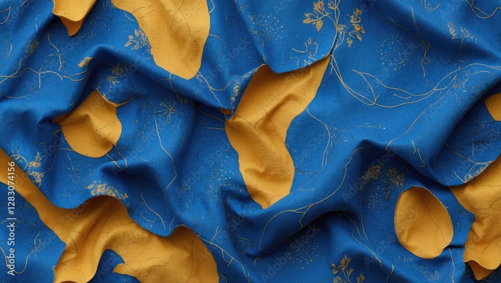 Aufkleber Blue and gold fabric texture with dimensional pattern and botanical motifs ideal for textile design and background applications