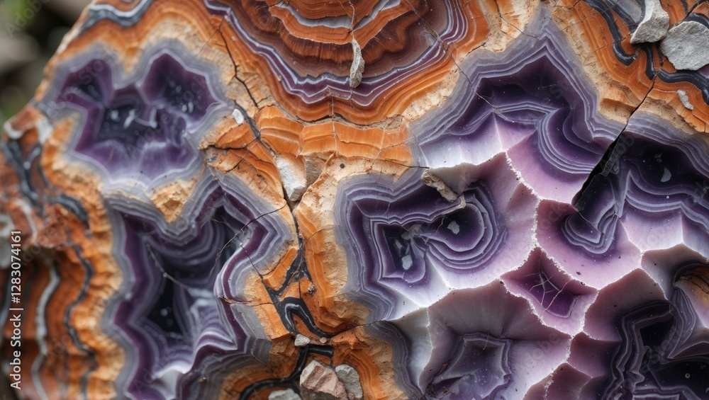 Poster Polished dendritic rhyolite close-up showcasing intricate patterns and vibrant colors of this unique Mexican igneous rock.